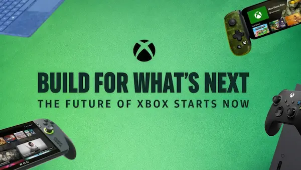 Xbox-Stand auf der GDC 2026 mit den Slogans „Build for what's next“ und „The future of Xbox starts now“
