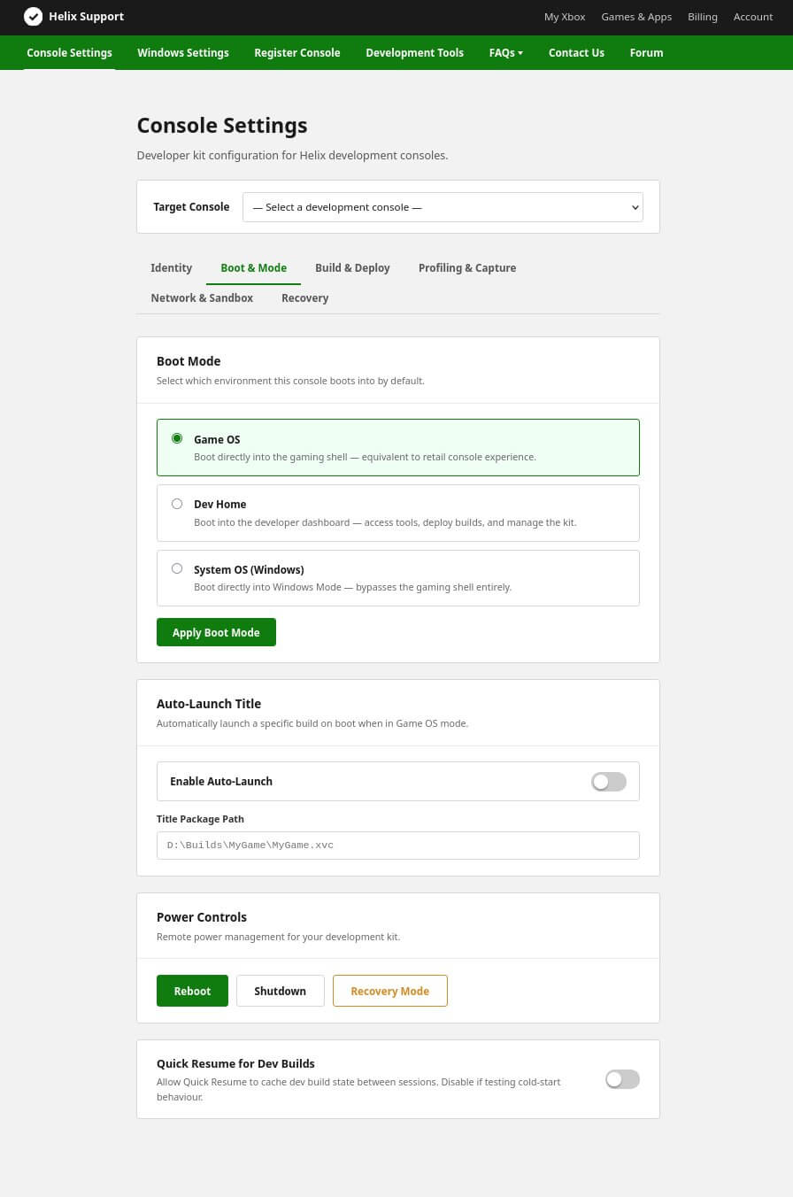 Alleged Helix Console Settings page showing boot targets including Game OS, Dev Home, and System OS (Windows)