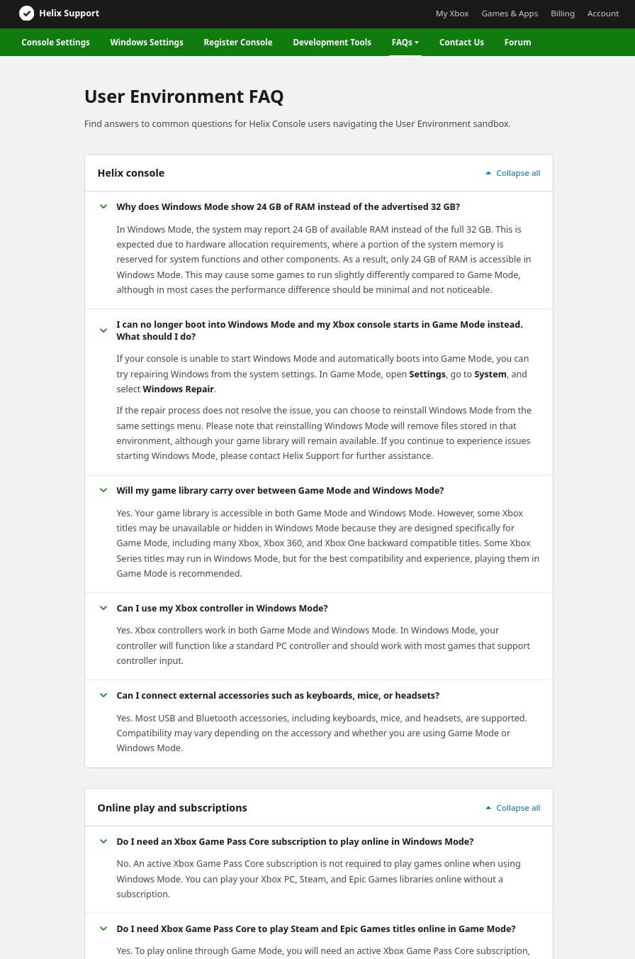 Alleged Helix user environment FAQ screenshot showing the 32GB-to-24GB RAM note and Windows Mode questions