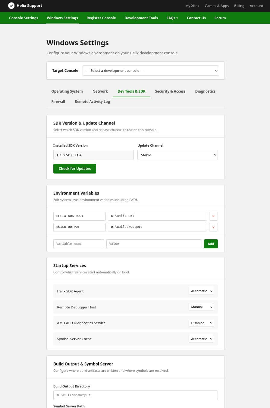 Alleged Helix Windows Settings page showing SDK version, environment variables, and startup services